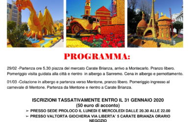 29/02 – 01/03 Gita carnevale Mentone e visita Montecarlo